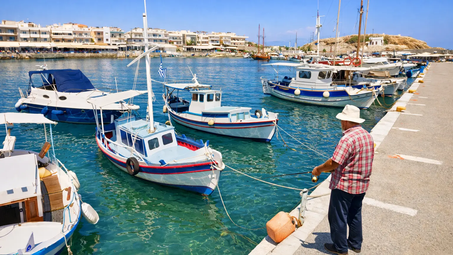 Tętniący życiem port w Hersonissos, Kreta - widok na tawerny i zatokę