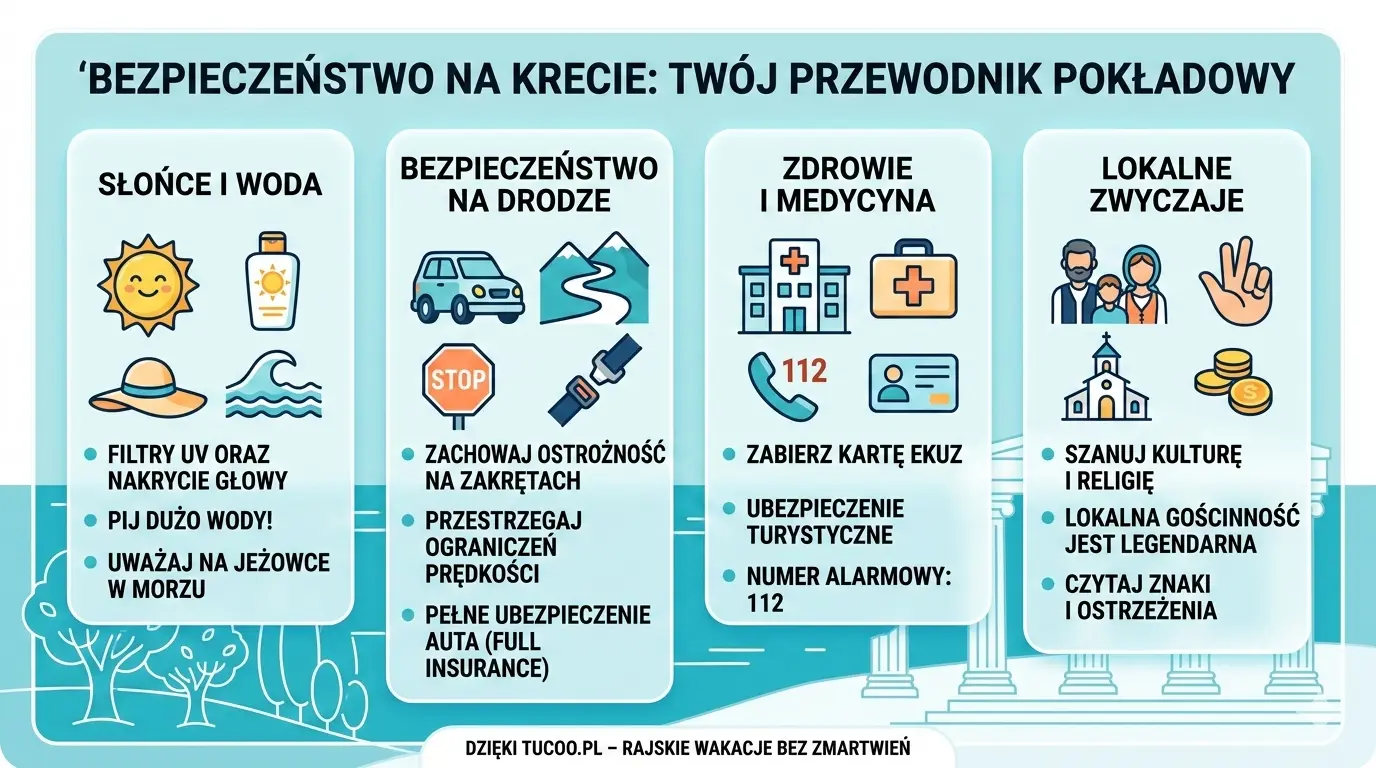 Infografika przedstawiająca kluczowe porady dotyczące bezpieczeństwa na Krecie: słońce i woda, ruch drogowy, opieka medyczna oraz lokalne zwyczaje.