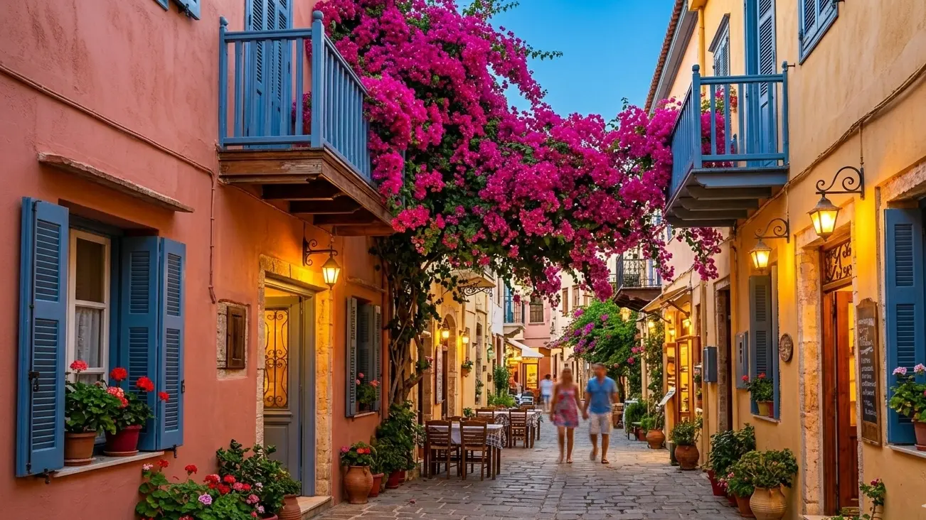 Wąska uliczka na Starym Mieście na Krecie z kwitnącą różową bugenwillą