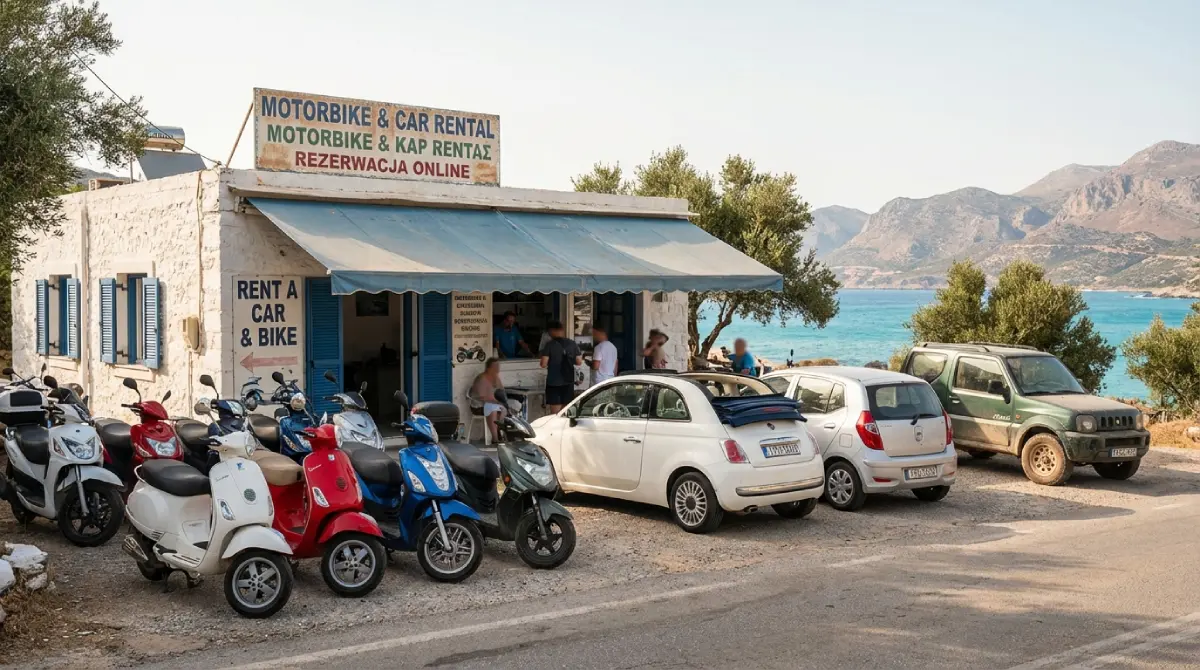 Lokalna wypożyczalnia samochodów i skuterów na Krecie z widoczną flotą aut miejskich i motocykli na tle morza