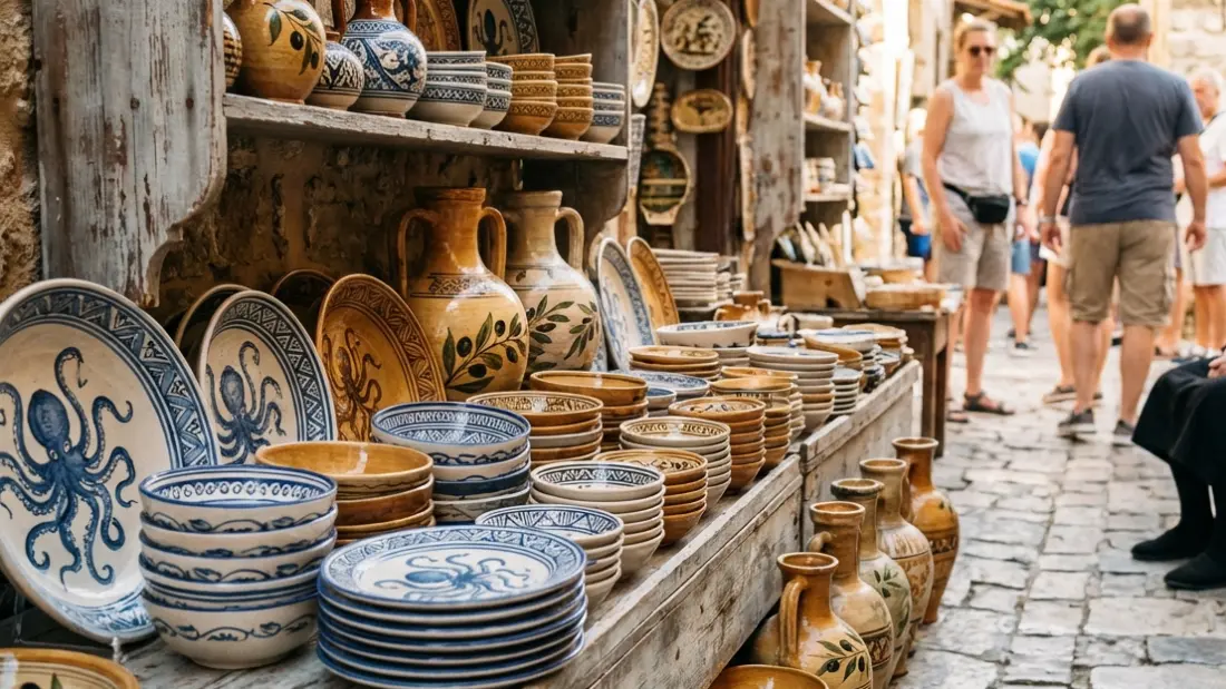 Kolorowa ceramika kreteńska z ręcznie malowanymi motywami minojskimi i śródziemnomorskimi