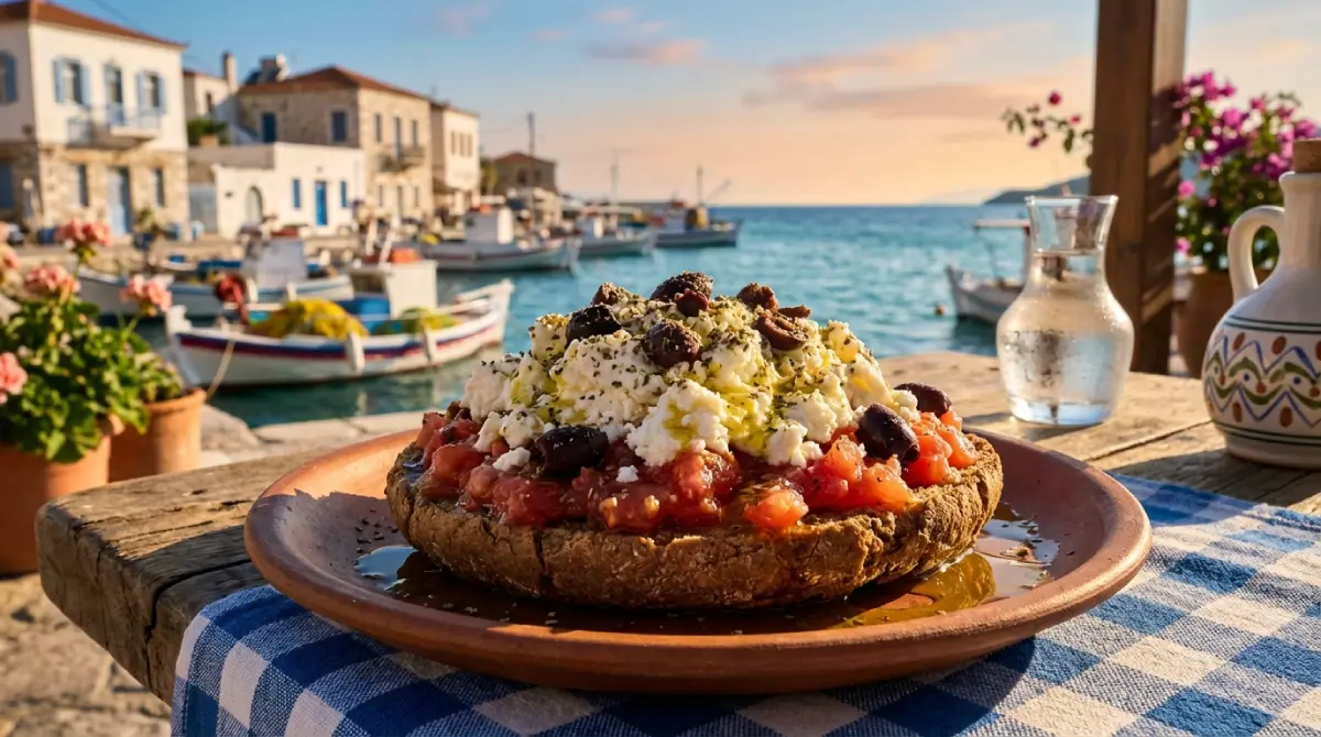 Tradycyjna sałatka kreteńska Dakos na jęczmiennym sucharze z serem Myzithra, pomidorami i oliwą Extra Virgin