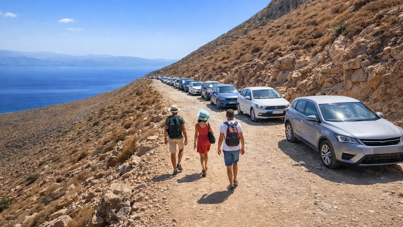 Wąska i przepaścista droga szutrowa prowadząca na parking nad laguną Balos