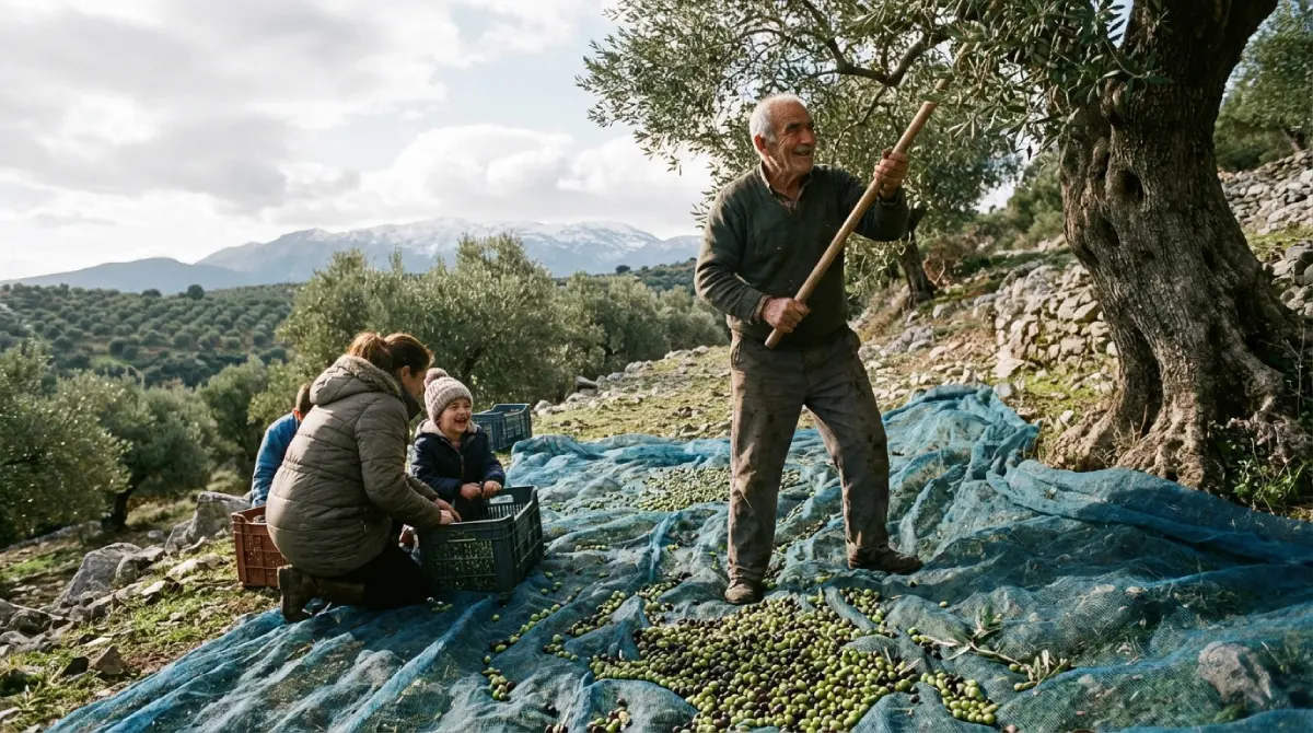 Kreteńska rodzina podczas zbiorów oliwek: starszy mężczyzna uderza w drzewo, pod którym rozłożone są niebieskie siatki pełne owoców, w tle ośnieżone góry i gaje oliwne.