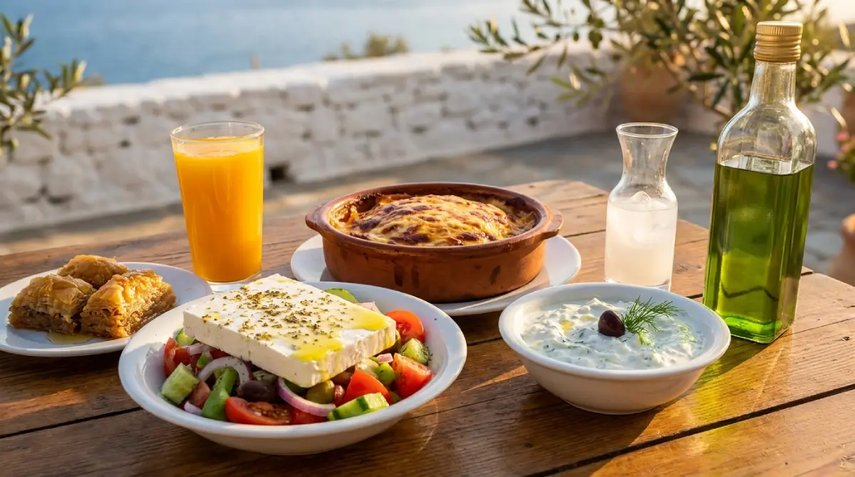 Tradycyjny stół na Krecie z moussaką, sałatką grecką z fetą, tzatziki, baklavą oraz lokalną oliwą i ouzo