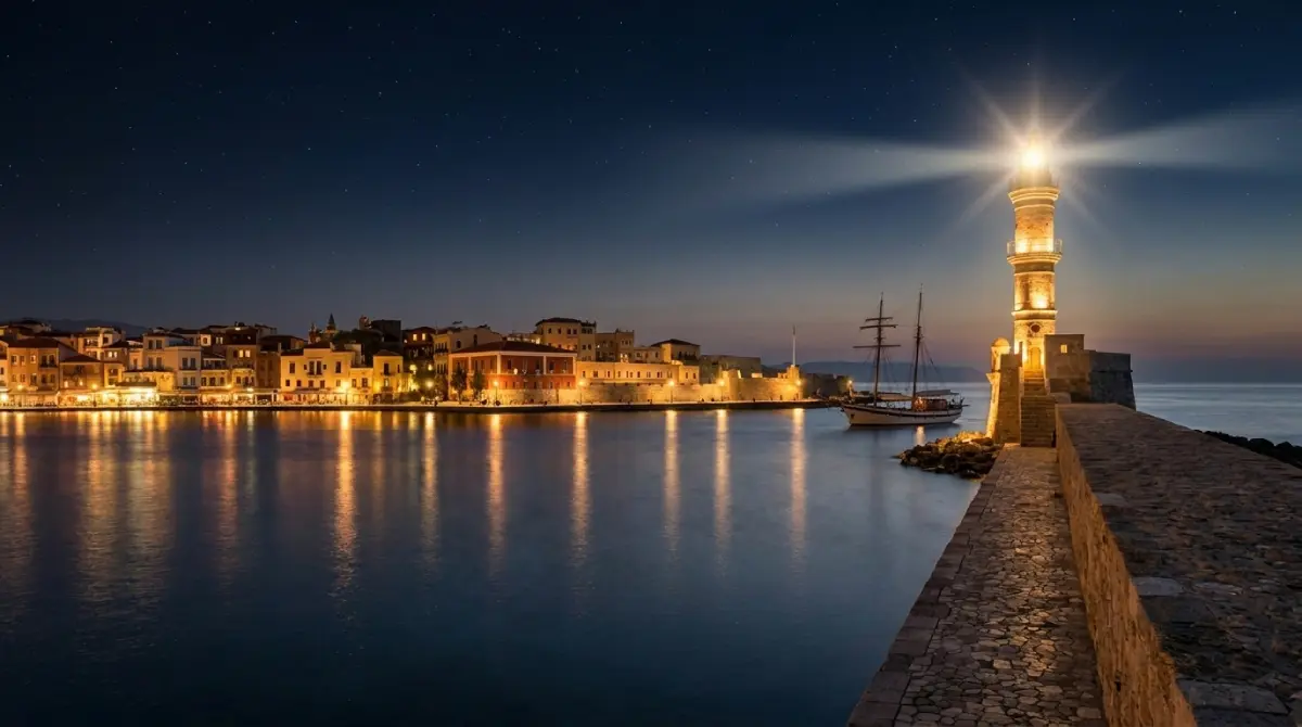 Romantyczny port wenecki w Chanii nocą – podświetlona latarnia morska i jej odbicie w wodzie, Kreta