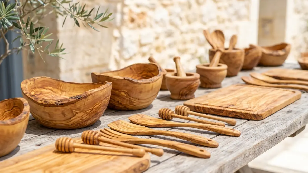 Ręcznie rzeźbione akcesoria kuchenne i dekoracje z drewna oliwnego o unikalnym usłojeniu