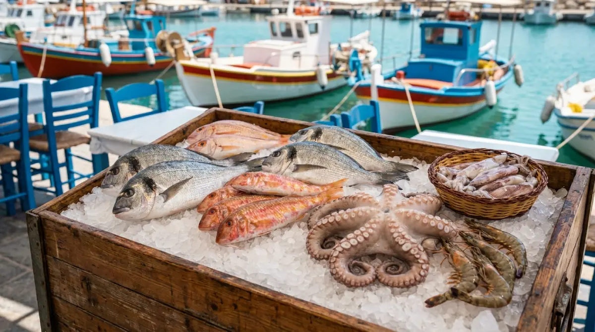 Świeże ryby i owoce morza wystawione na lodzie przed portową tawerną na Krecie – dorada, barwena i ośmiornica