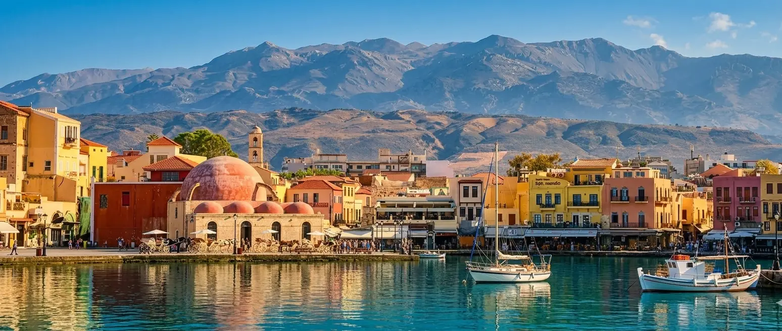 Panorama portu weneckiego w Chanii na Krecie: żaglowce na tle turkusowej wody, meczet Janczarów i majestatyczne Góry Białe w słoneczny dzień.