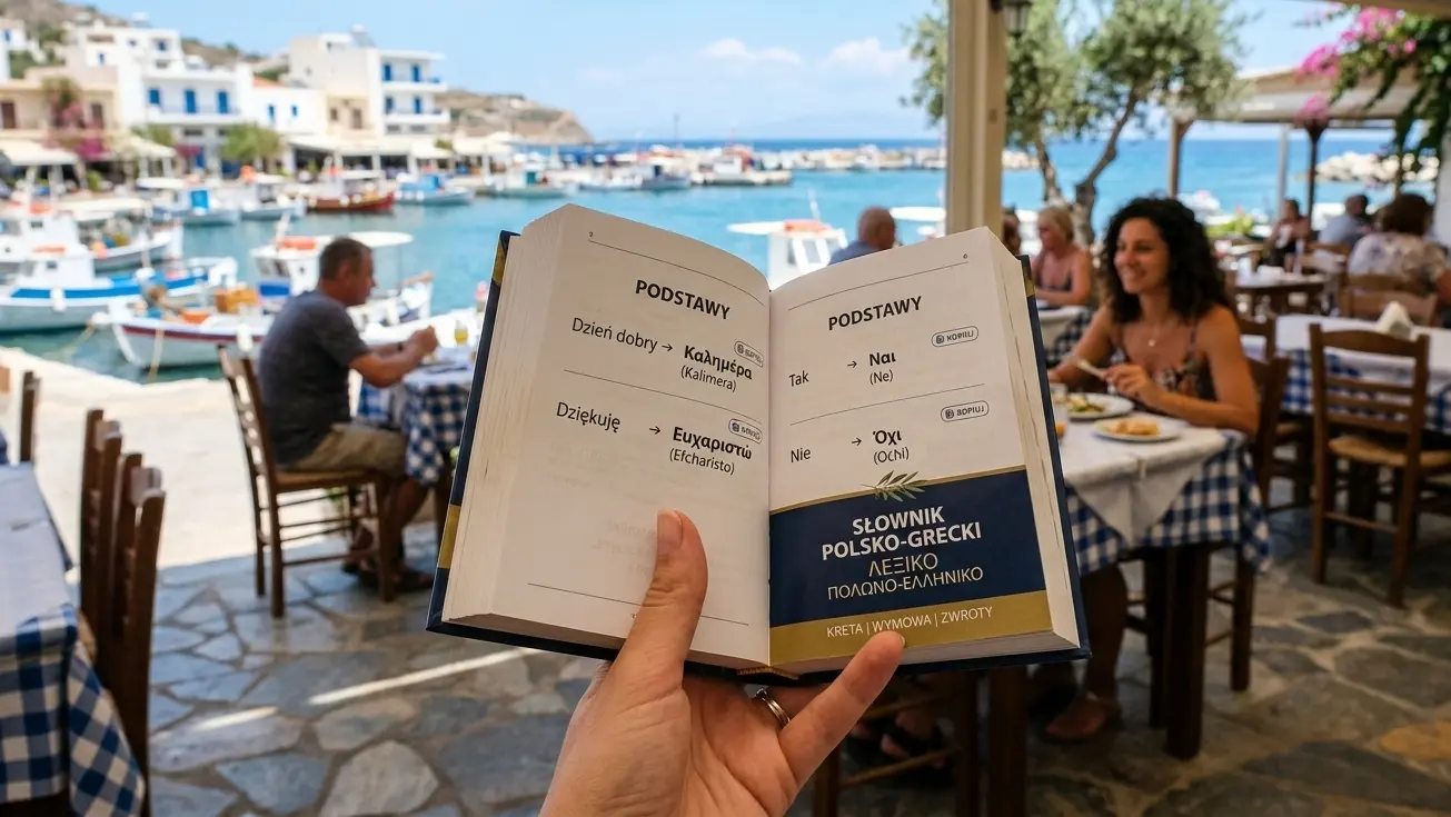 Otwarty słownik polsko-grecki trzymany w ręku w greckiej tawernie nad morzem