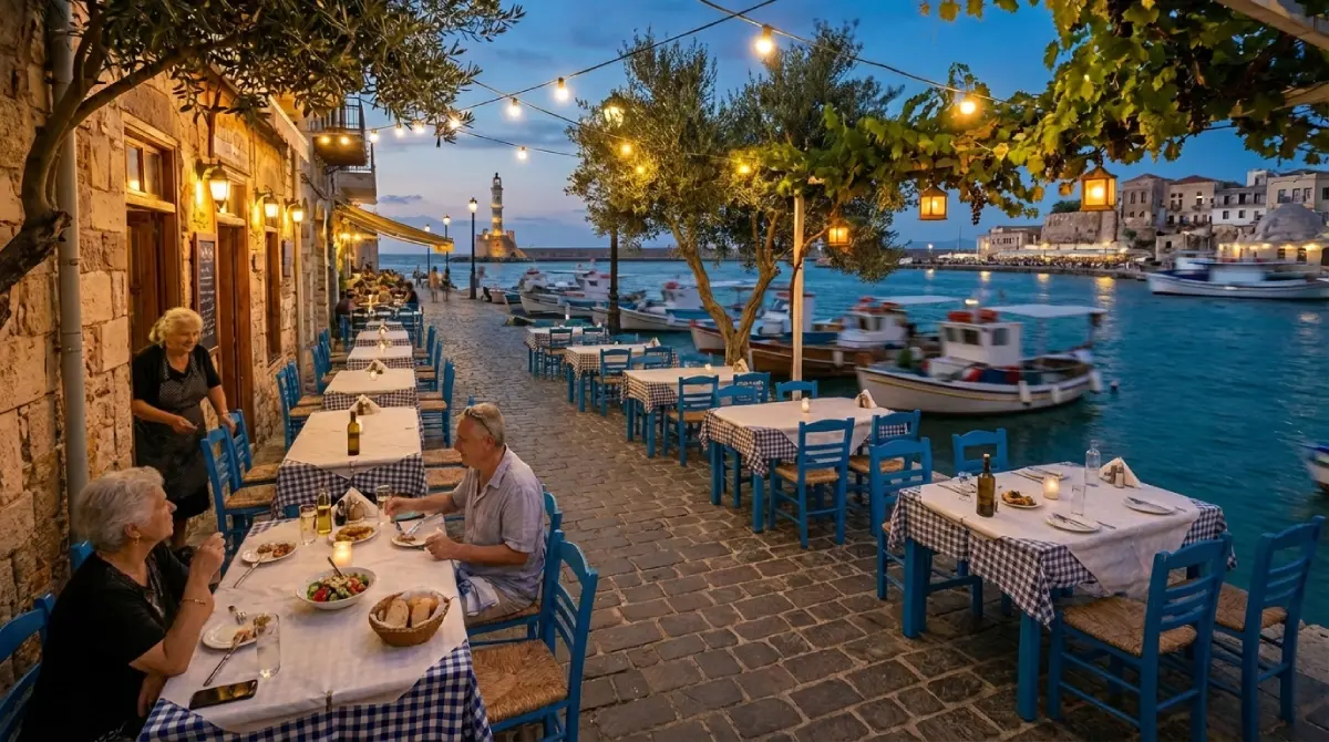 Tradycyjna kreteńska tawerna wieczorem w porcie z niebieskimi stolikami i nastrojowym oświetleniem